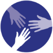 A purple circle icon with three hands inside. 