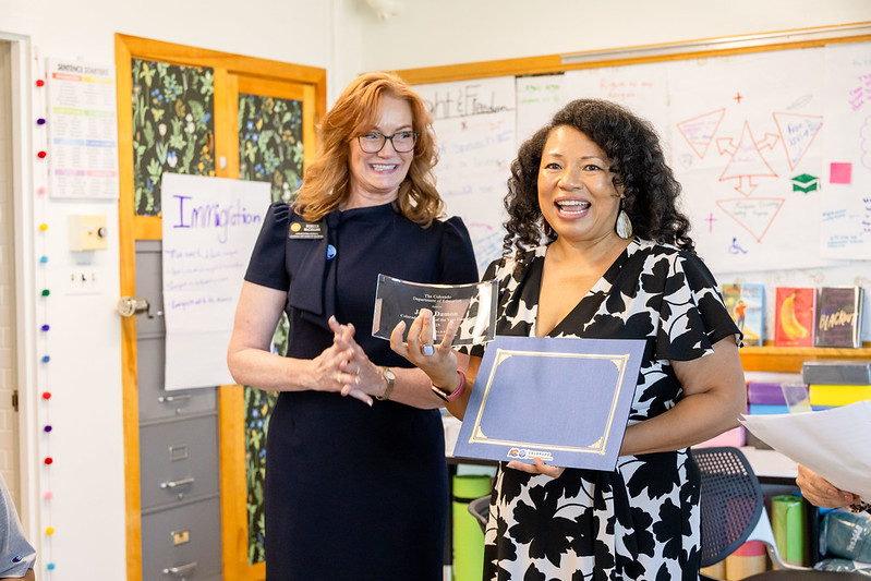 SBE Board Chair Rebecca McClellan with Colorado Teacher of the Year Janet Damon.