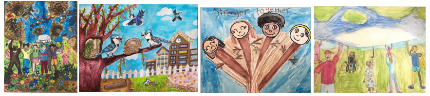 Elementary art winners, first image is animals and people living in harmony, second image is blue jay birds working together, third image is trees with people's faces, fourth image is people of different abilities holding the earth up together.