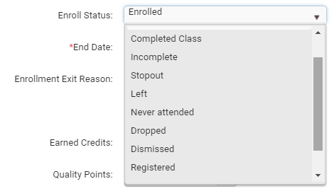 Screenshot of LACES individual learner enrollment record screen showing that you can click Enroll Status dropdown to exit learners from class enrollments