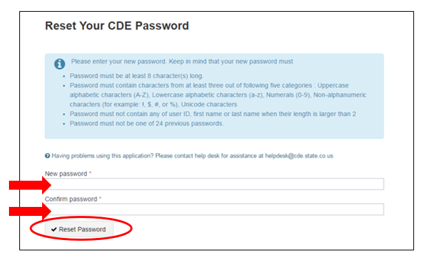 A screenshot of the CDE Identity Management - Reset Final Page.