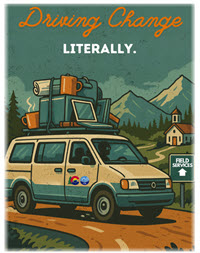 Text Says Driving Change Literally. Picture of a mini-van with items on top, a CDE Logo on the side, driving on a road with mountains in the background.
