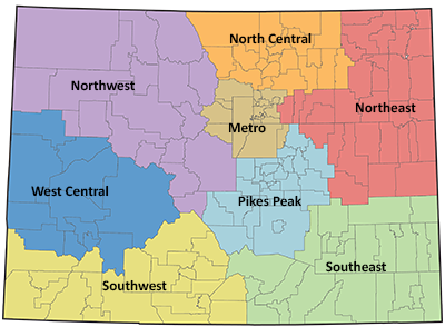 Colorado Education Regions Map: Northwest, North Central, Northeast, Southeast, Southwest, West Central, Metro, Pikes Peak
