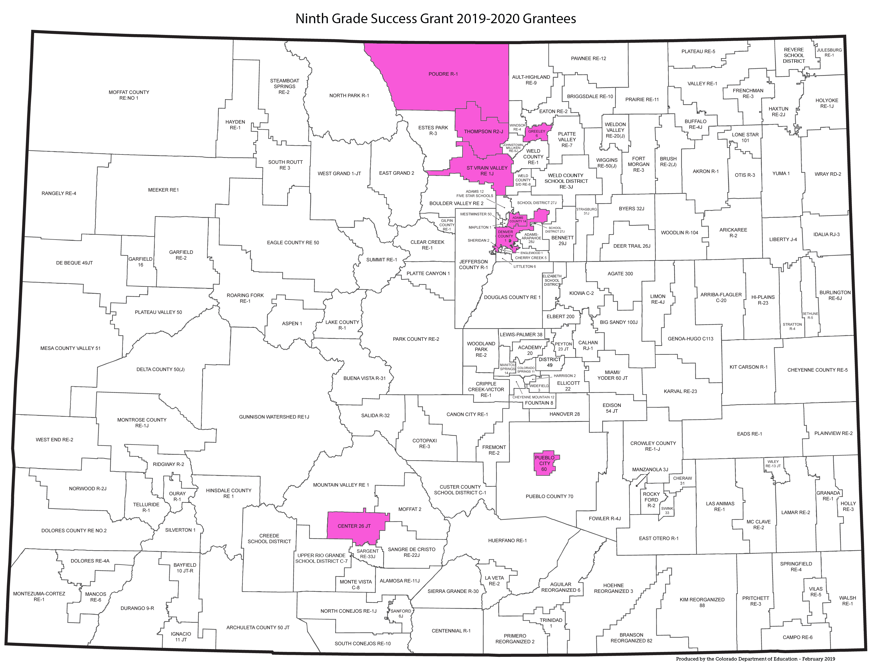 Map with Adams 14, St Vrain, Denver, Harrison, Poudre, Thompson, Pueblo 60, Center, and Greeley 6