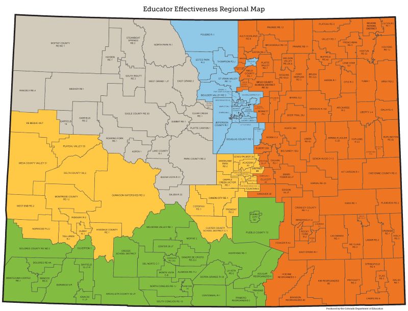 This map outlines each of the five regions created to break down which districts are assigned to each of the five Regional Specialists.