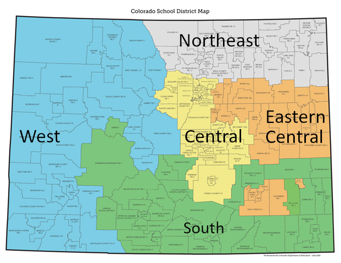Colorado map with labels: west, south, central, eastern central, and northeast
