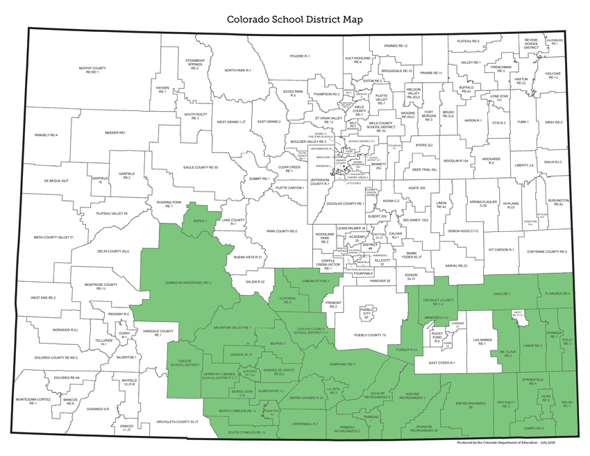 Educator Recruitment and Retention District South Region Map- this map shows the southern Colorado school districts assigned to an ERR Specialist