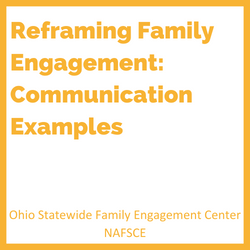 A square icon with a yellow border and the words Reframing Family Engagement: Communication Examples