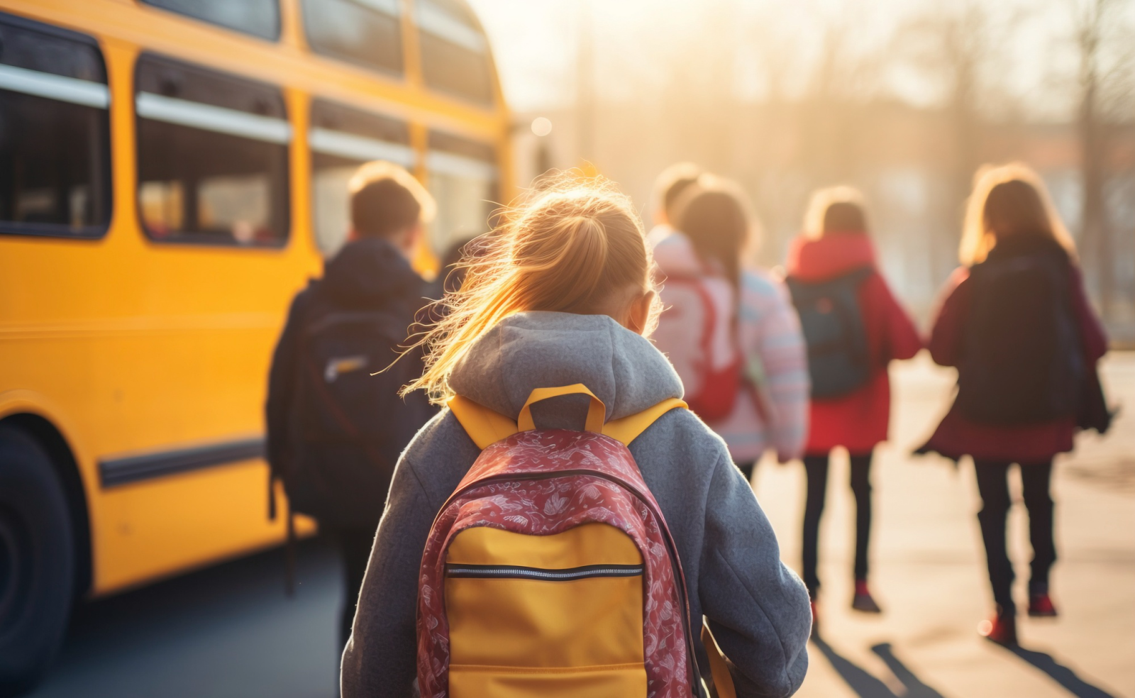 A student walking towards a yellow school bus.