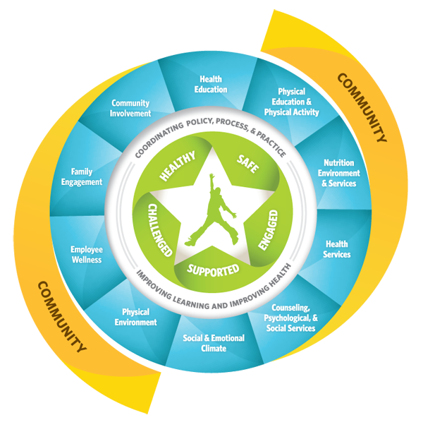 At the center of the model you will find an image of a child  The WSCC (Whole School, Whole Child, Whole Community) model is built upon the five tenets of healthy, safe, engaged, supported, and challenged. These can be found in the center ring of the model surrounding the image of the child.  The coordination of policies, processes, and practices are (represented by a white band around the five Whole Child Tenets) Around the white band representing the tenets you will find the ten components of the WSCC mod