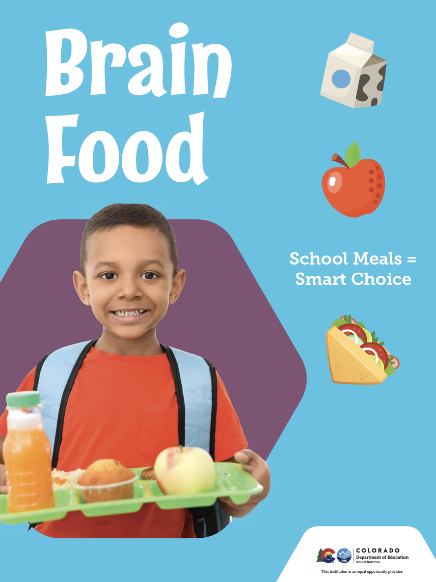 Child holding lunch tray, smiling. With text Brain Food school meals = smart choice