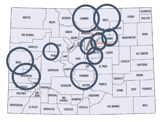 A Colorado Map with Counties participating in SOS initiative circled: Mesa, Montrose, Pitkin/Eagle/Garfield, Larimer, Weld, Adams/Arapahoe, Denver, Jefferson, Fremont, Teller/Douglas/El Paso.